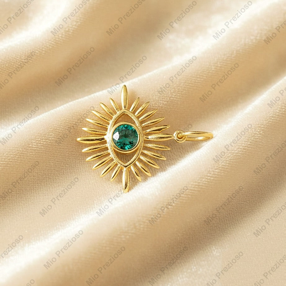 Natural Emerald Evil Eye Pendant | Minimalist 925 Silver Gemstone Pendant | Handmade Jewelry.