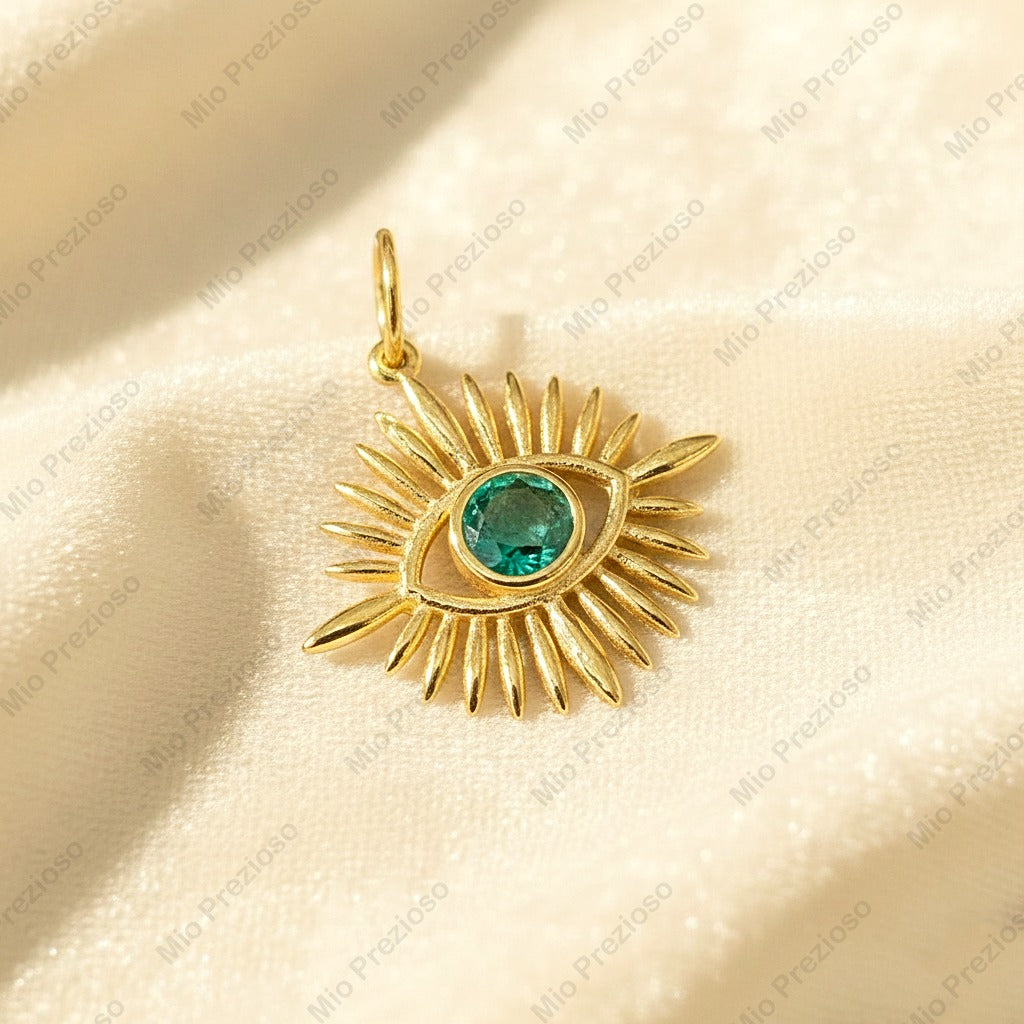 Natural Emerald Evil Eye Pendant | Minimalist 925 Silver Gemstone Pendant | Handmade Jewelry.