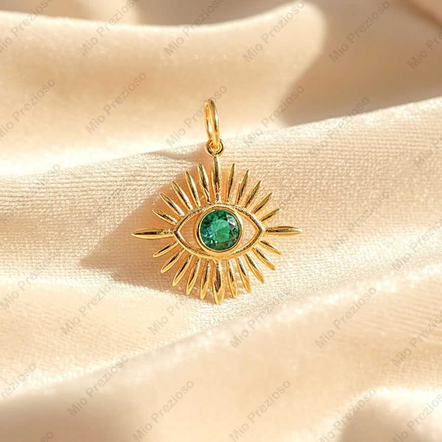 Natural Emerald Evil Eye Pendant | Minimalist 925 Silver Gemstone Pendant | Handmade Jewelry.