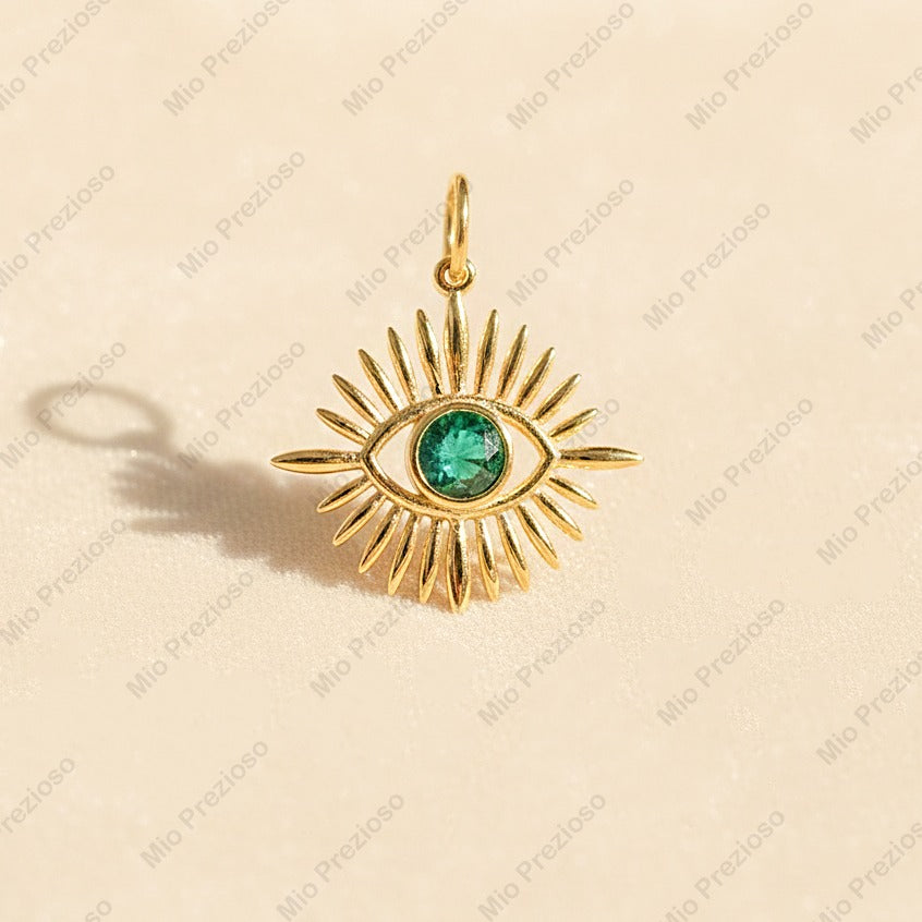 Natural Emerald Evil Eye Pendant | Minimalist 925 Silver Gemstone Pendant | Handmade Jewelry.