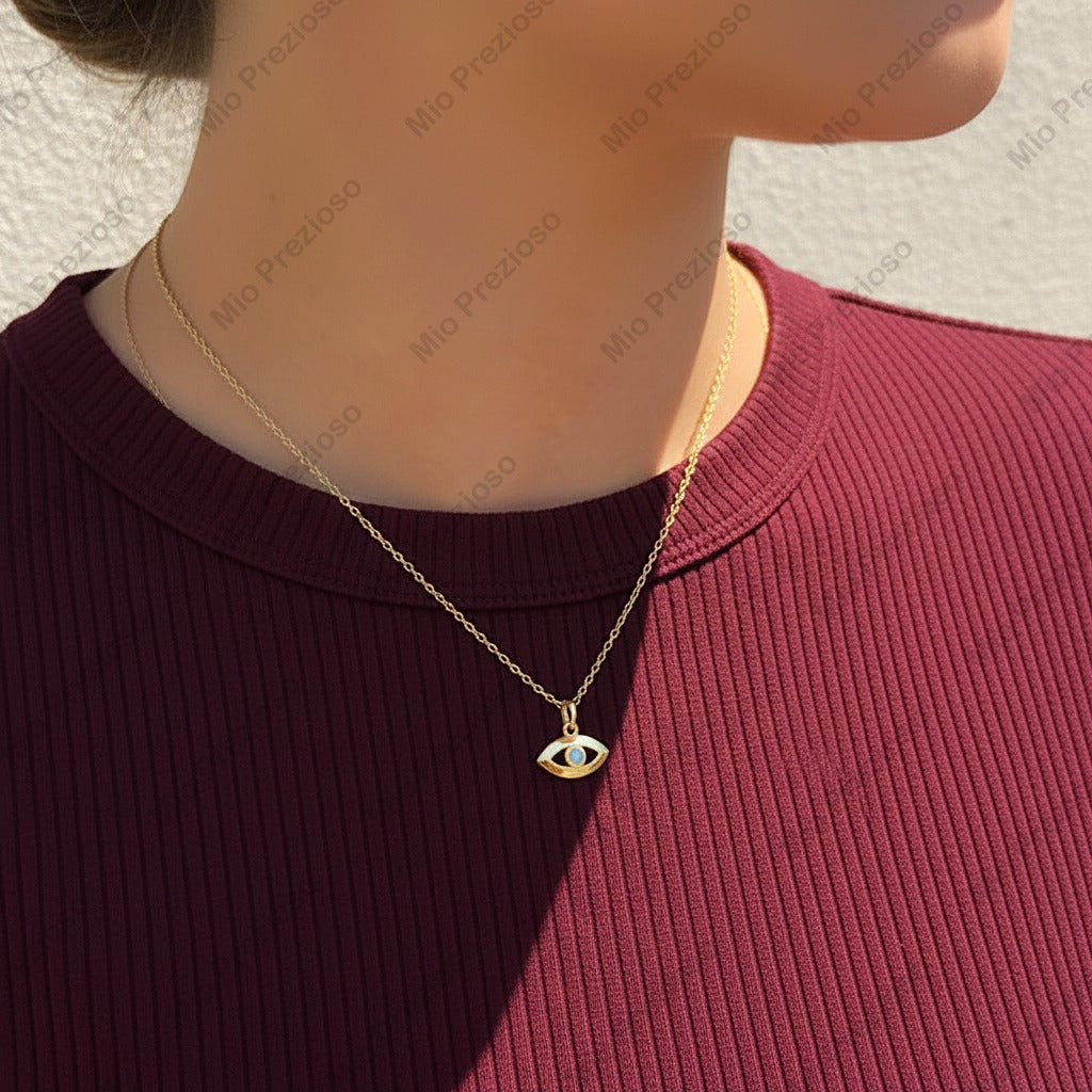 925 Sterling Silver Natural Opal Evil Eye Necklace | Minimalist Gemstone Necklace | Handmade Jewelry.