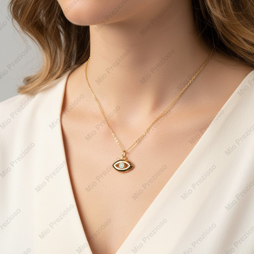 925 Sterling Silver Natural Opal Evil Eye Necklace | Minimalist Gemstone Necklace | Handmade Jewelry.