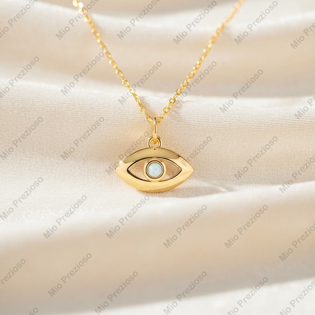 925 Sterling Silver Natural Opal Evil Eye Necklace | Minimalist Gemstone Necklace | Handmade Jewelry.