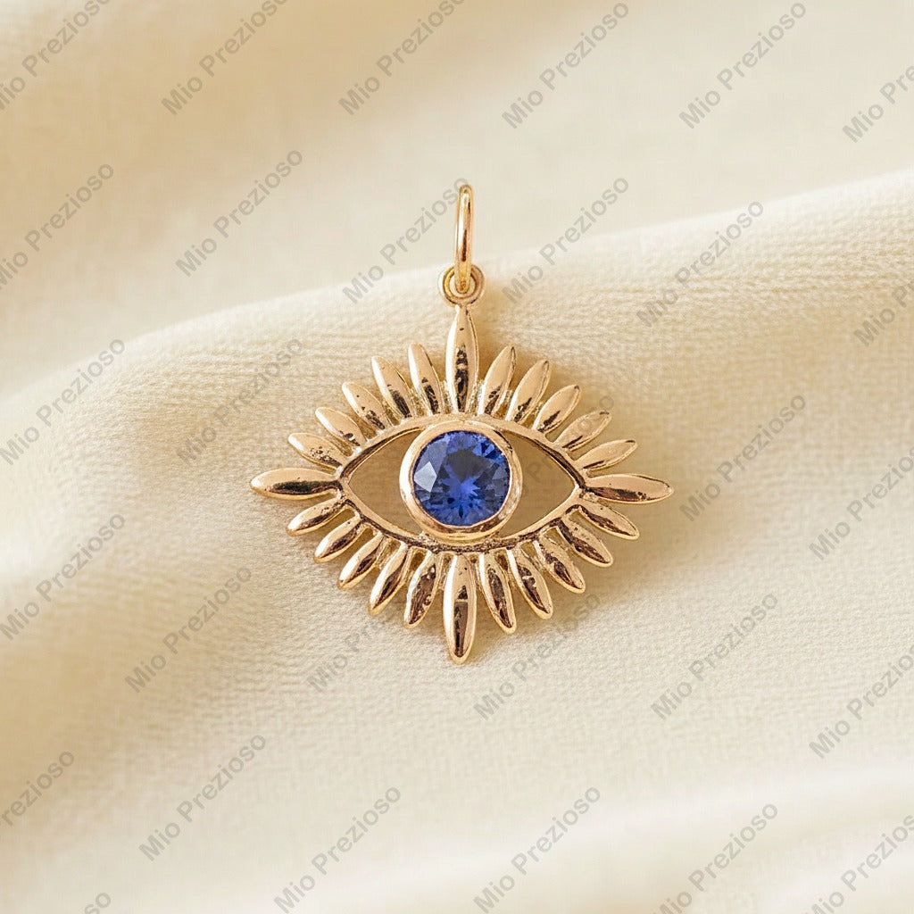 Natural Blue Sapphire Evil Eye Pendant | Minimalist Sunburst 925 Silver Gemstone Pendant | Handmade Jewelry.