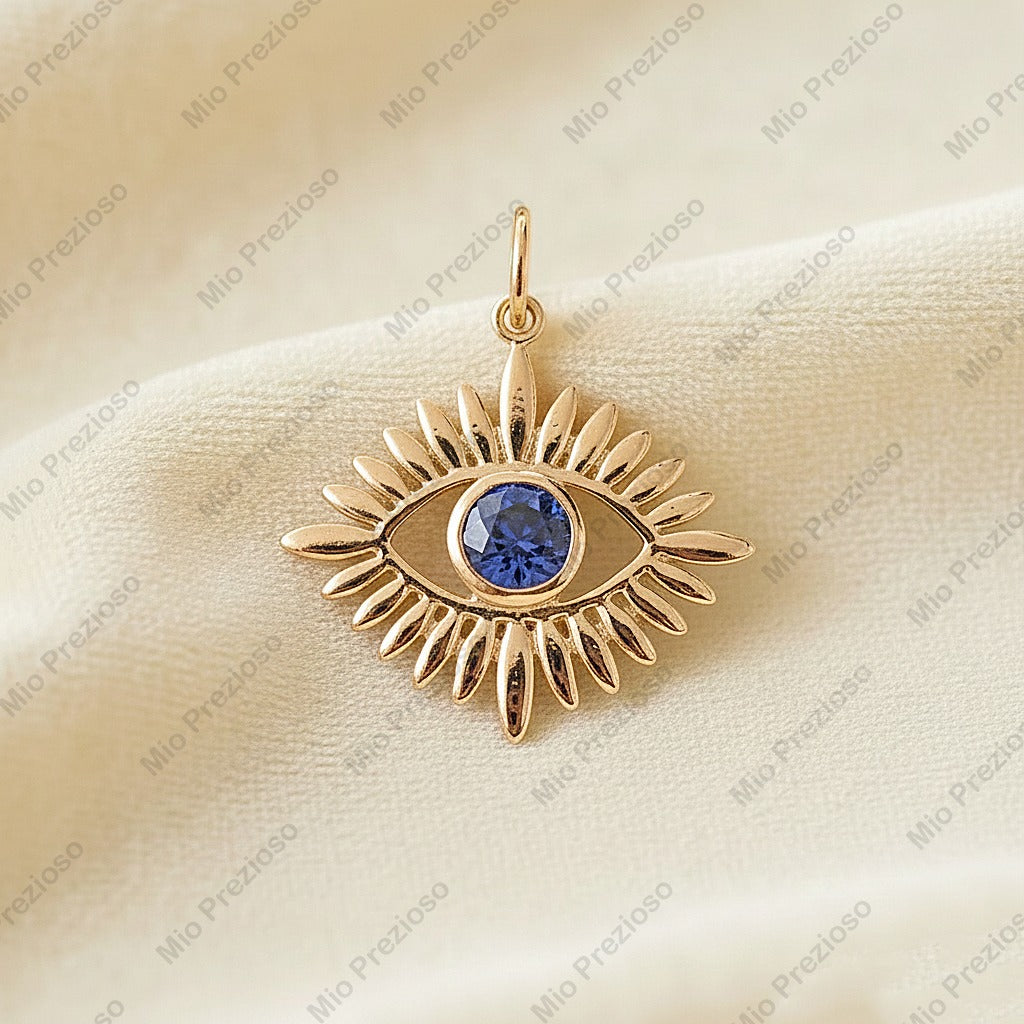 Natural Blue Sapphire Evil Eye Pendant | Minimalist Sunburst 925 Silver Gemstone Pendant | Handmade Jewelry.
