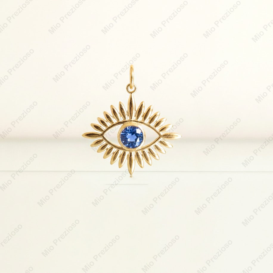 Natural Blue Sapphire Evil Eye Pendant | Minimalist Sunburst 925 Silver Gemstone Pendant | Handmade Jewelry.