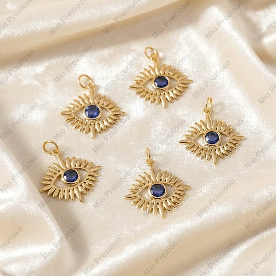 Natural Blue Sapphire Evil Eye Pendant | Minimalist Sunburst 925 Silver Gemstone Pendant | Handmade Jewelry.