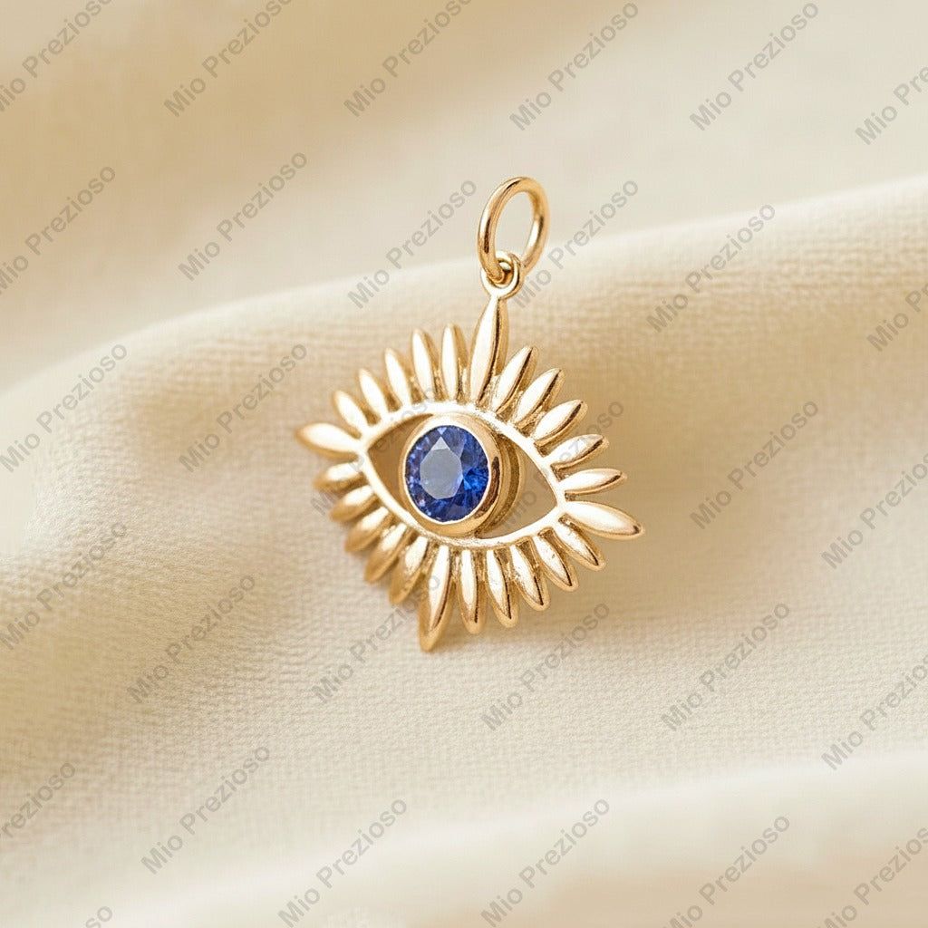 Natural Blue Sapphire Evil Eye Pendant | Minimalist Sunburst 925 Silver Gemstone Pendant | Handmade Jewelry.