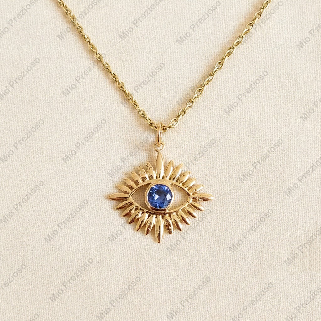 Natural Blue Sapphire Evil Eye Pendant | Minimalist Sunburst 925 Silver Gemstone Pendant | Handmade Jewelry.