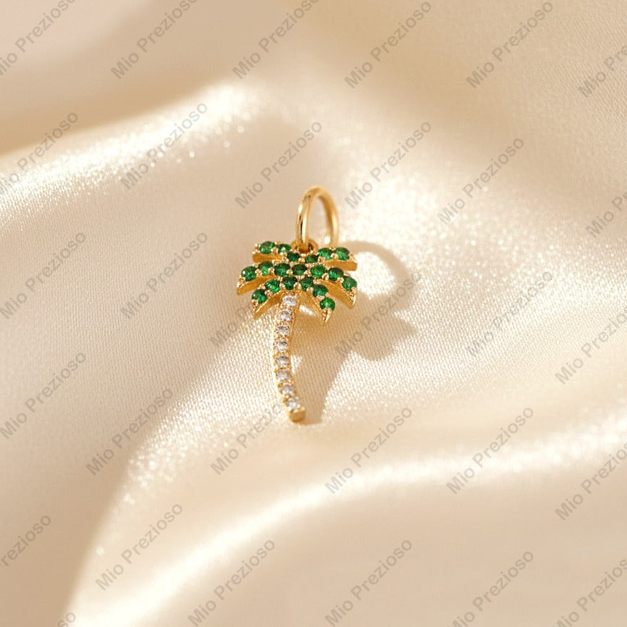 Natural Emerald & Diamond Palm Tree Pendant | Solid 14k Gold Pendant | Tropical Beach Pendants | Handmade Jewelry.