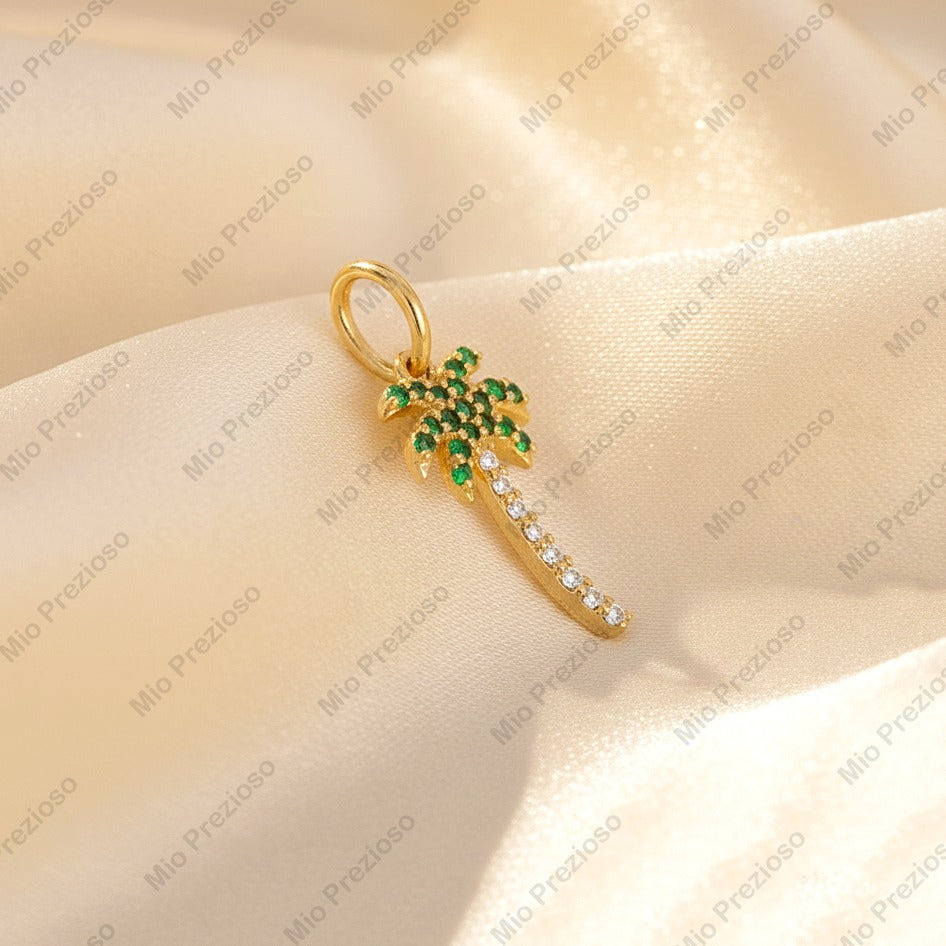 Natural Emerald & Diamond Palm Tree Pendant | Solid 14k Gold Pendant | Tropical Beach Pendants | Handmade Jewelry.