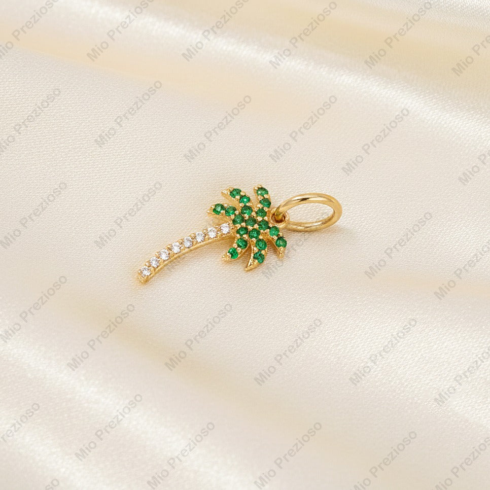 Natural Emerald & Diamond Palm Tree Pendant | Solid 14k Gold Pendant | Tropical Beach Pendants | Handmade Jewelry.