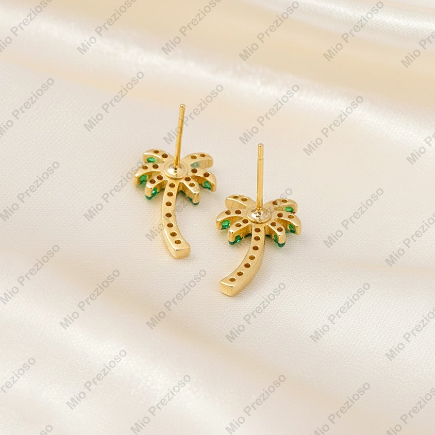 Natural Emerald & Diamond Palm Tree Stud Earrings | Handmade 14k Gold Earring | Tropical Beach Earring.