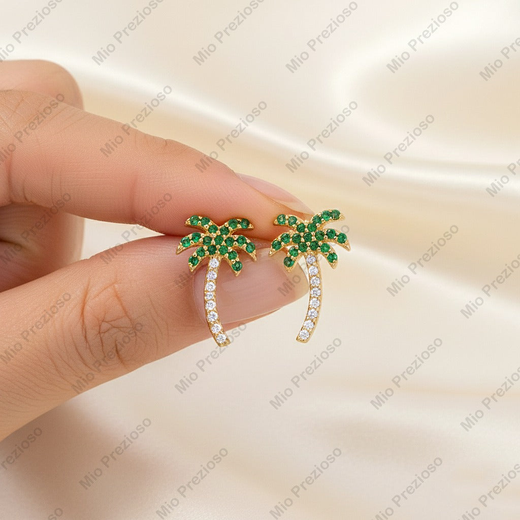 Natural Emerald & Diamond Palm Tree Stud Earrings | Handmade 14k Gold Earring | Tropical Beach Earring.