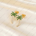 Natural Emerald & Diamond Palm Tree Stud Earrings | Handmade 14k Gold Earring | Tropical Beach Earring.