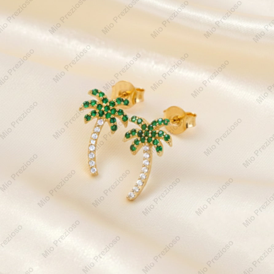 Natural Emerald & Diamond Palm Tree Stud Earrings | Handmade 14k Gold Earring | Tropical Beach Earring.