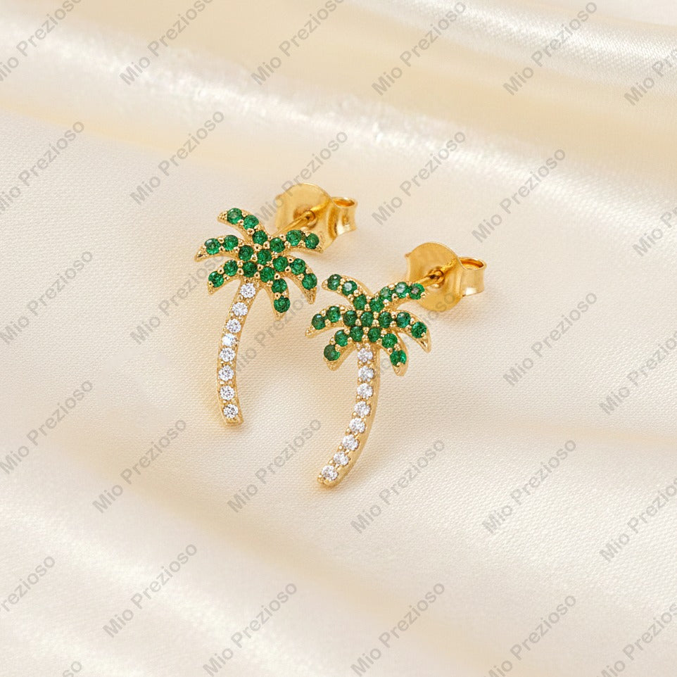 Natural Emerald & Diamond Palm Tree Stud Earrings | Handmade 14k Gold Earring | Tropical Beach Earring.