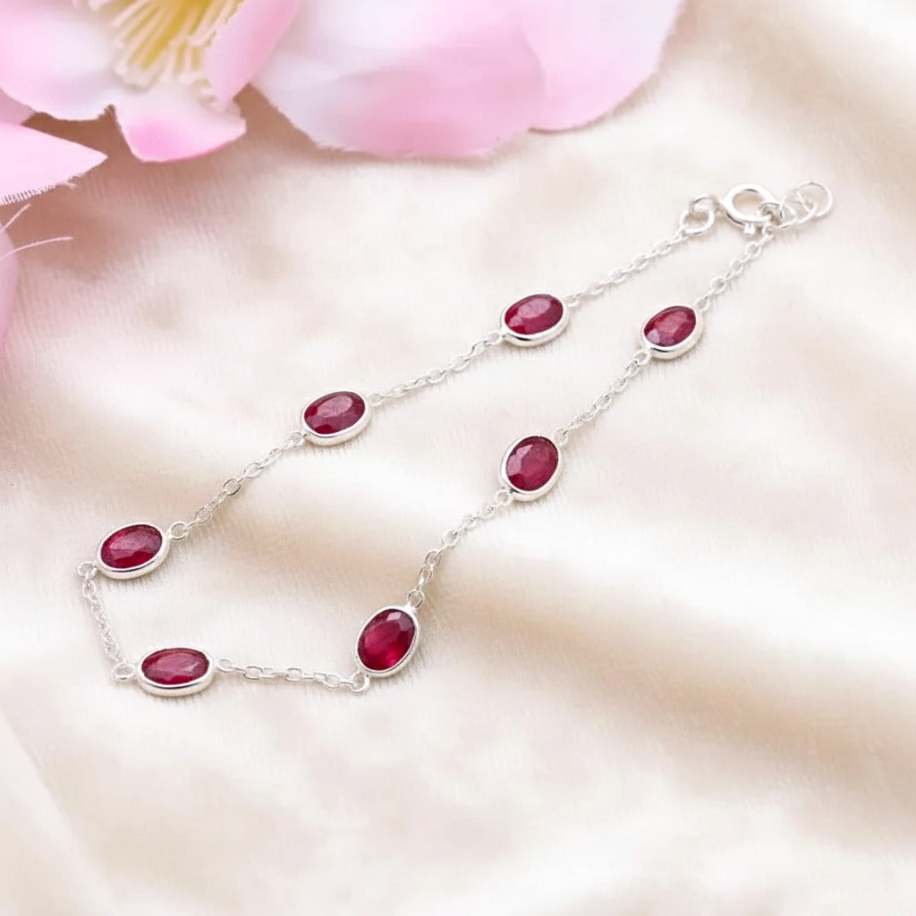 Natural Ruby Silver Bracelet | Gemstone Chain Wrist Bracelet | Handmade Jewelry | Christmas Gift for Her.