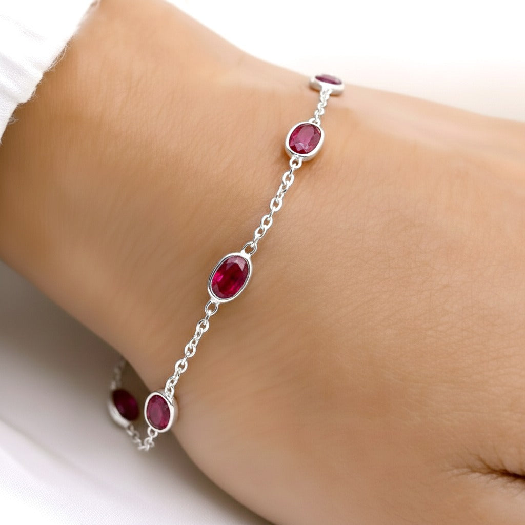 Natural Ruby Silver Bracelet | Gemstone Chain Wrist Bracelet | Handmade Jewelry | Christmas Gift for Her.