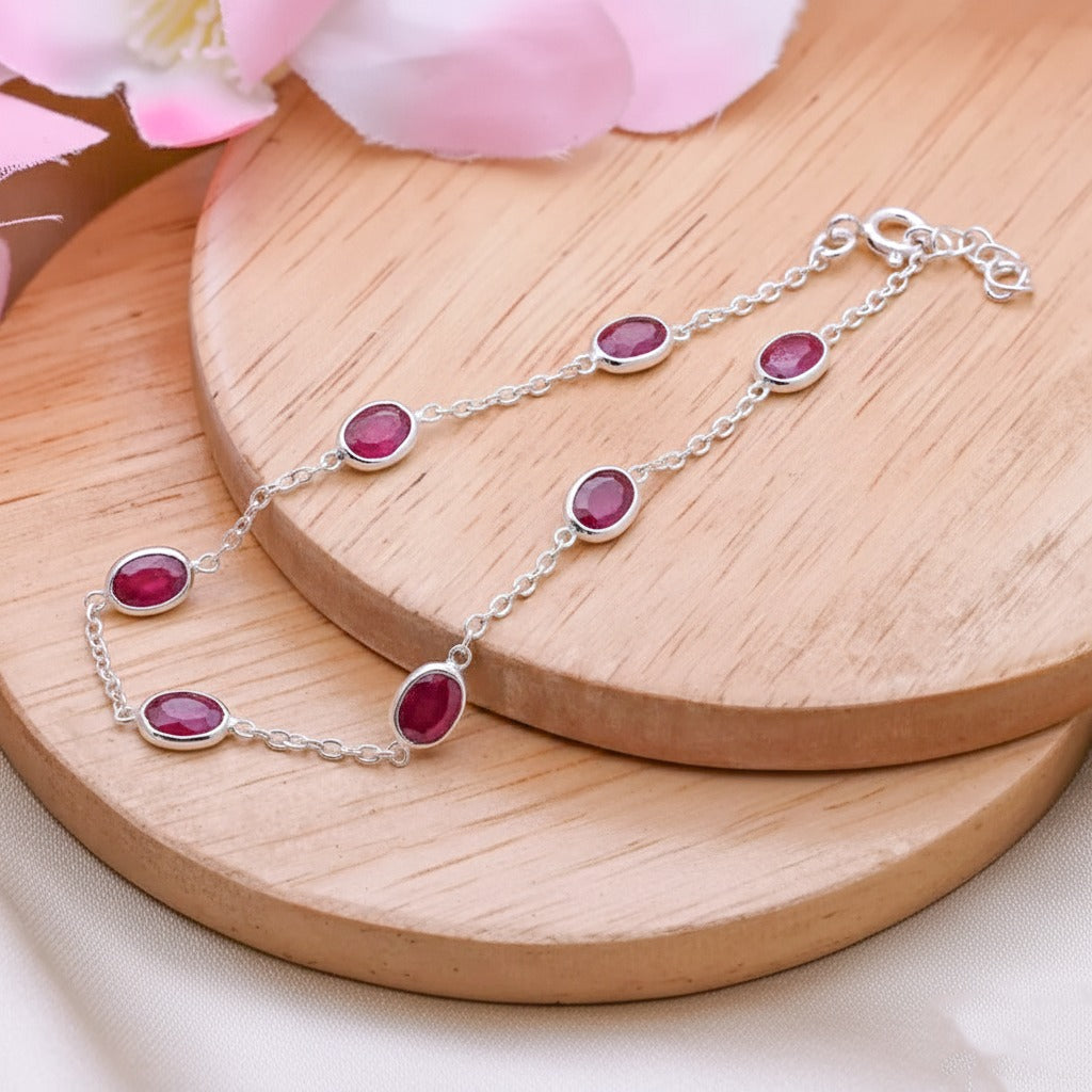 Natural Ruby Silver Bracelet | Gemstone Chain Wrist Bracelet | Handmade Jewelry | Christmas Gift for Her.