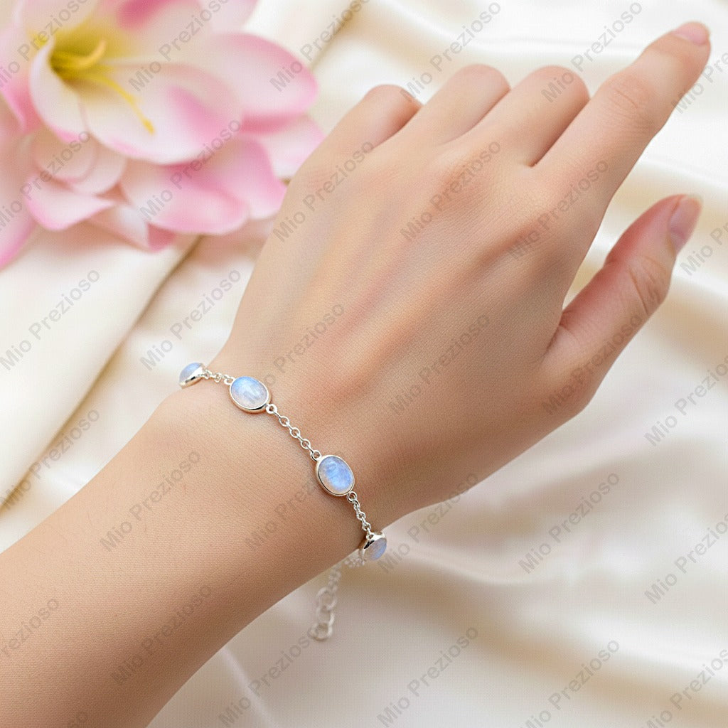 Natural Blue Fire Moonstone Silver Bracelet | Gemstone Chain Wrist Bracelet | Handmade Jewelry.