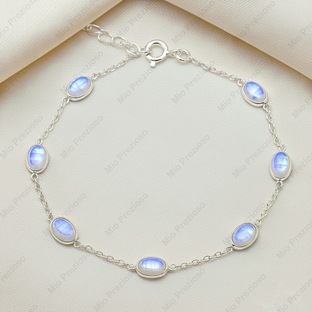 Natural Blue Fire Moonstone Silver Bracelet | Gemstone Chain Wrist Bracelet | Handmade Jewelry.