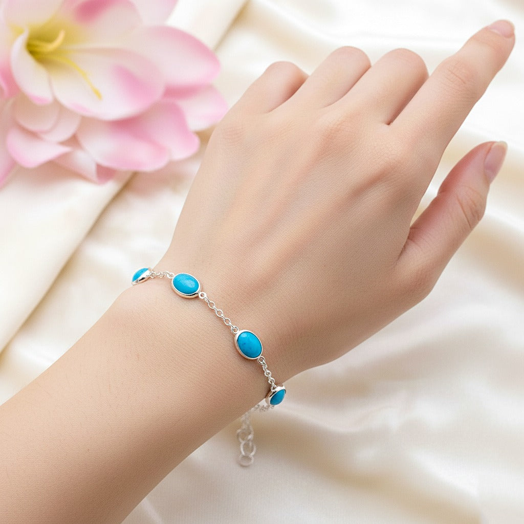 Natural Turquoise Silver Bracelet | Gemstone Chain Wrist Bracelet | Handmade Jewelry | Christmas Gift for Her.