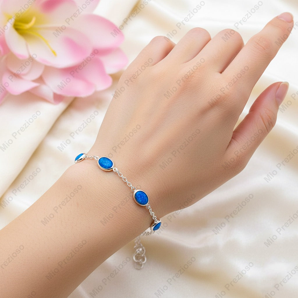 Natural Blue Fire Opal Silver Bracelet | Gemstone Chain Wrist Bracelet | Handmade Jewelry.