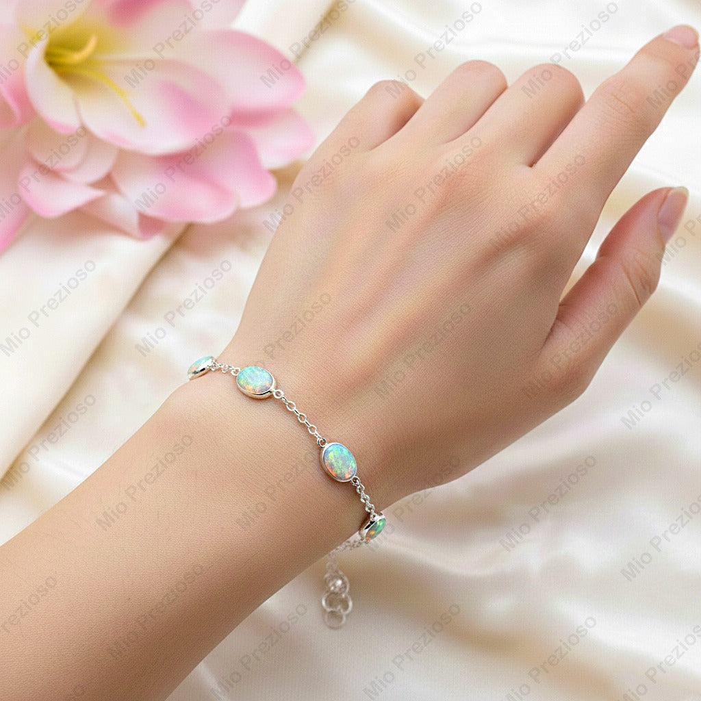 Natural Ethiopian Opal Silver Bracelet | Gemstone Chain Wrist Bracelet | Handmade Jewelry.
