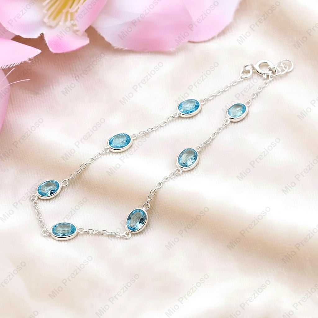 Natural Aquamarine Silver Bracelet | Gemstone Chain Wrist Bracelet | Handmade Jewelry.