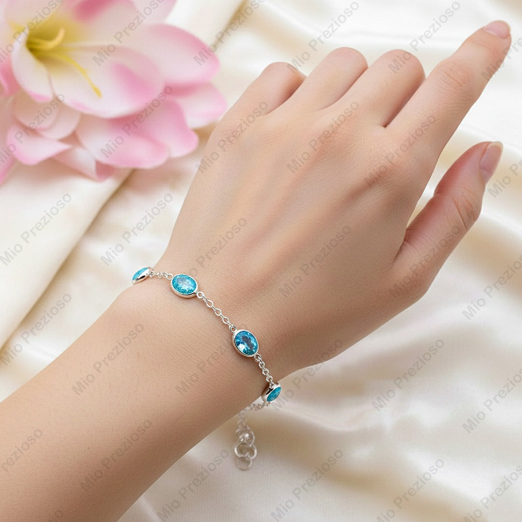 Natural Aquamarine Silver Bracelet | Gemstone Chain Wrist Bracelet | Handmade Jewelry.