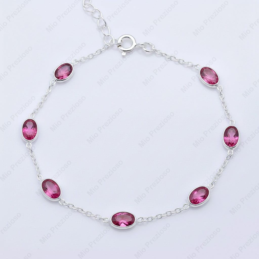 Natural Pink Tourmaline Silver Bracelet | Gemstone Chain Wrist Bracelet | Handmade Jewelry.
