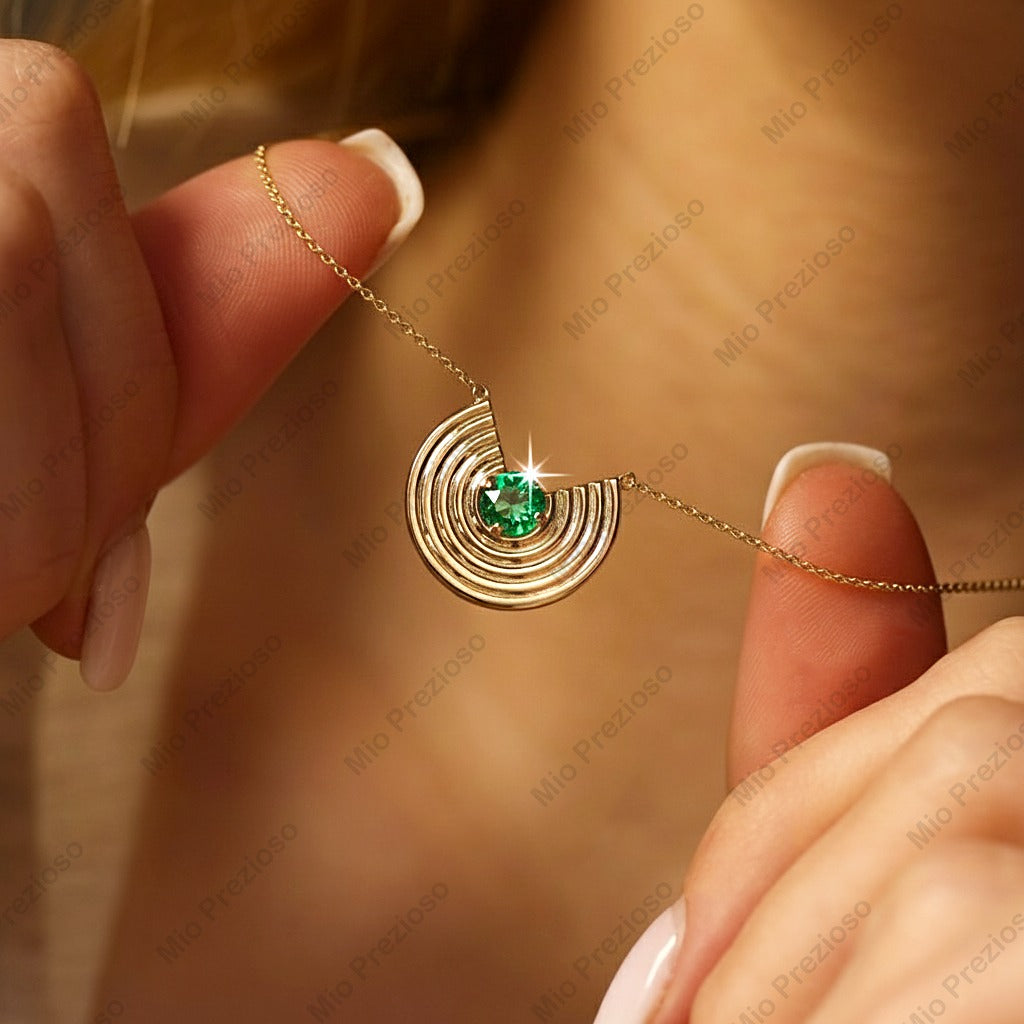 Natural Round Emerald Pendant Necklace | Dainty Gemstone Silver Necklace | Handmade Jewelry | Gift for Her.