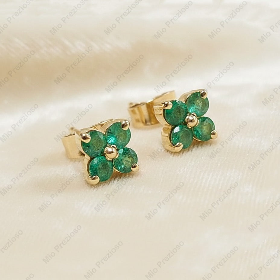 14k Gold Natural Emerald Stud Earrings | Handmade Flower Design Earrings | Minimalist Fine Jewelry.