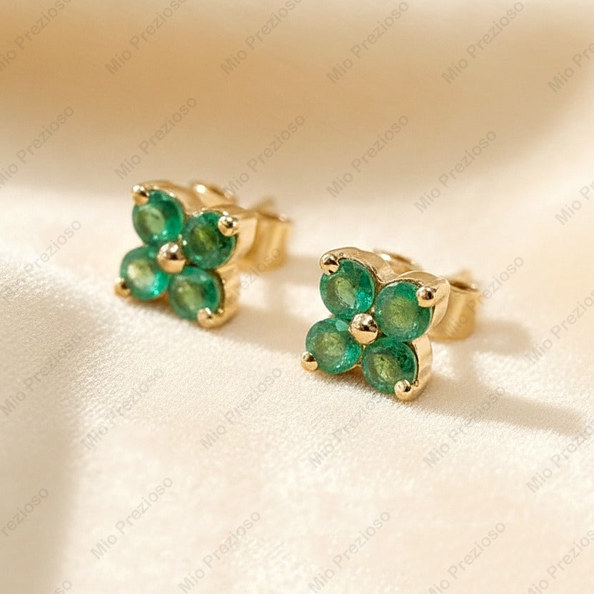 14k Gold Natural Emerald Stud Earrings | Handmade Flower Design Earrings | Minimalist Fine Jewelry.