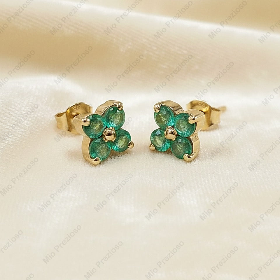 14k Gold Natural Emerald Stud Earrings | Handmade Flower Design Earrings | Minimalist Fine Jewelry.