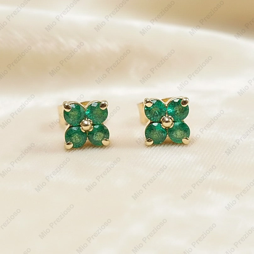 14k Gold Natural Emerald Stud Earrings | Handmade Flower Design Earrings | Minimalist Fine Jewelry.