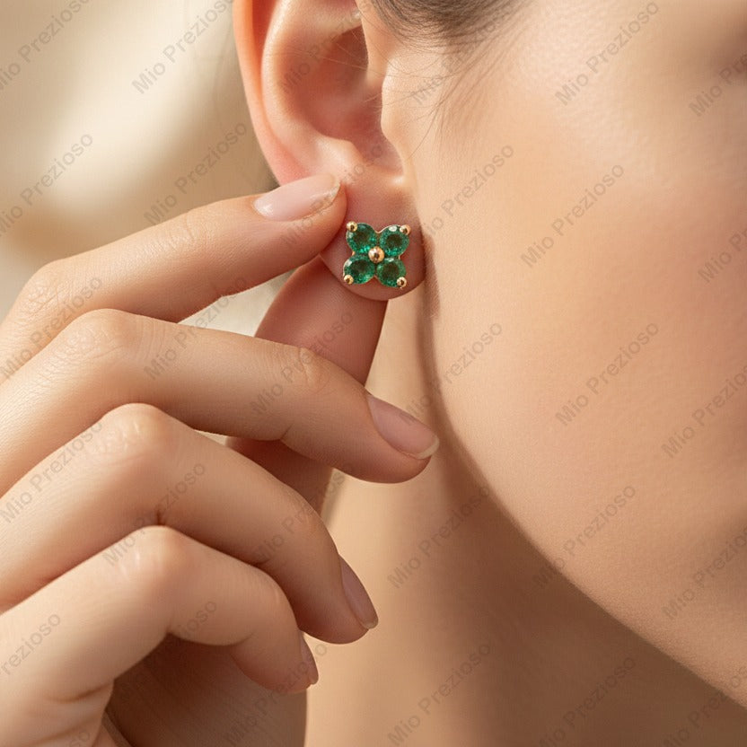 14k Gold Natural Emerald Stud Earrings | Handmade Flower Design Earrings | Minimalist Fine Jewelry.