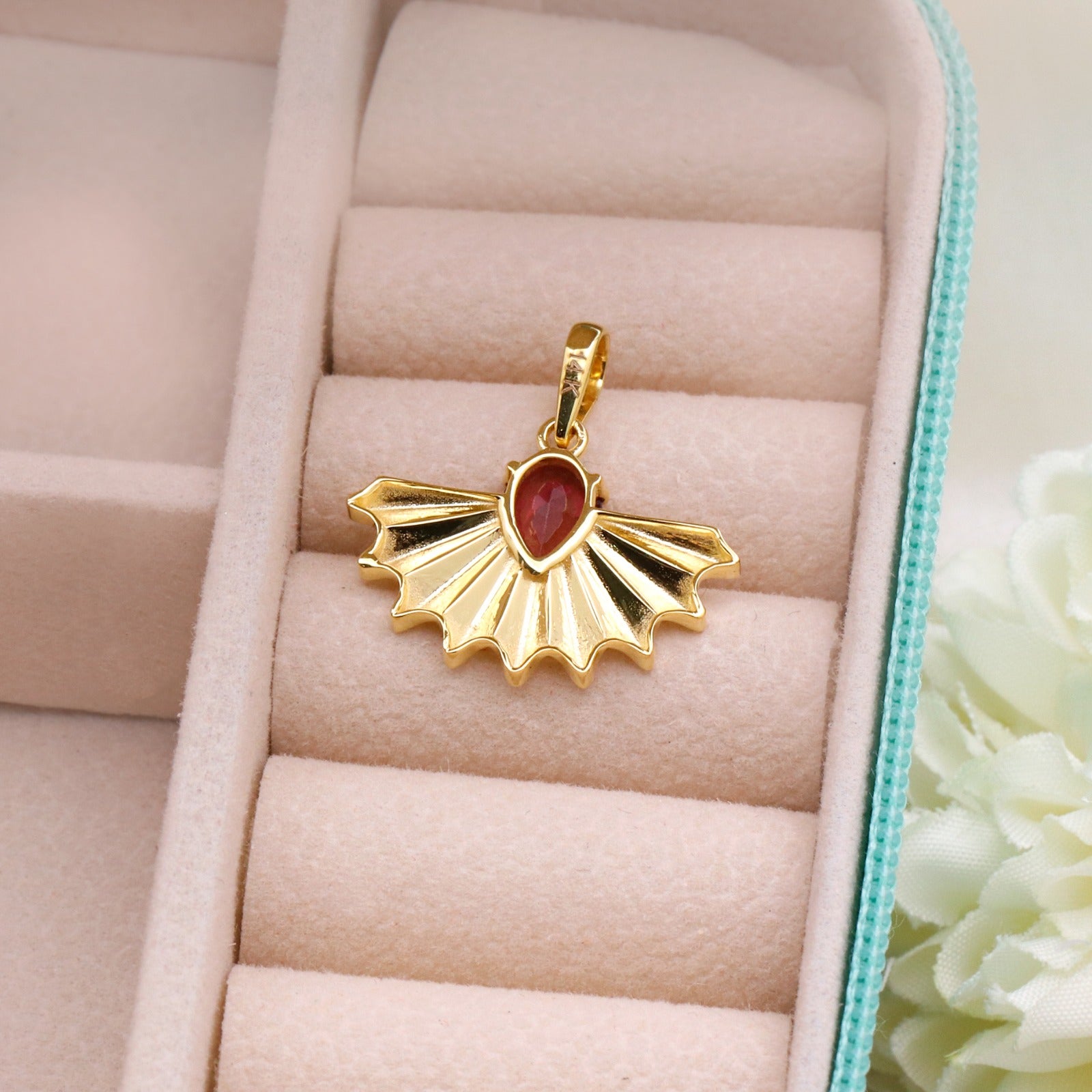 Natural Rubellite Sunrise Design Pendant | 14k Solid Gold Minimalist Pendant | Handmade Jewelry.