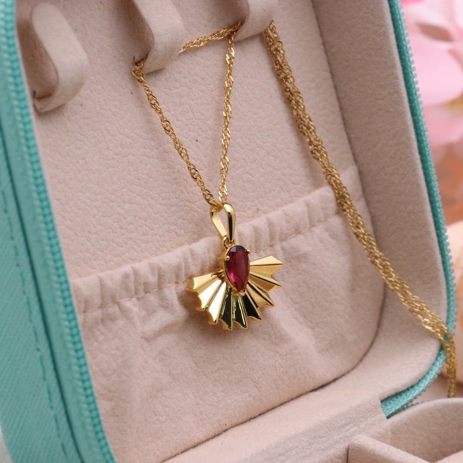 Natural Rubellite Sunrise Design Pendant | 14k Solid Gold Minimalist Pendant | Handmade Jewelry.