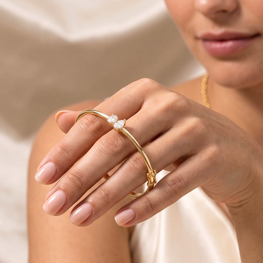 Pear CZ Bangle Bracelet, Round CZ 925 Sterling Silver Bracelet, Gold Finish Minimalist Bangle, Dainty Bridal Jewelry, Gift for Her.