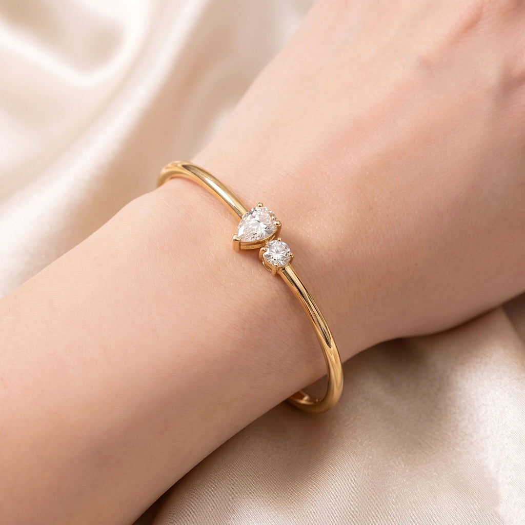 Pear CZ Bangle Bracelet, Round CZ 925 Sterling Silver Bracelet, Gold Finish Minimalist Bangle, Dainty Bridal Jewelry, Gift for Her.
