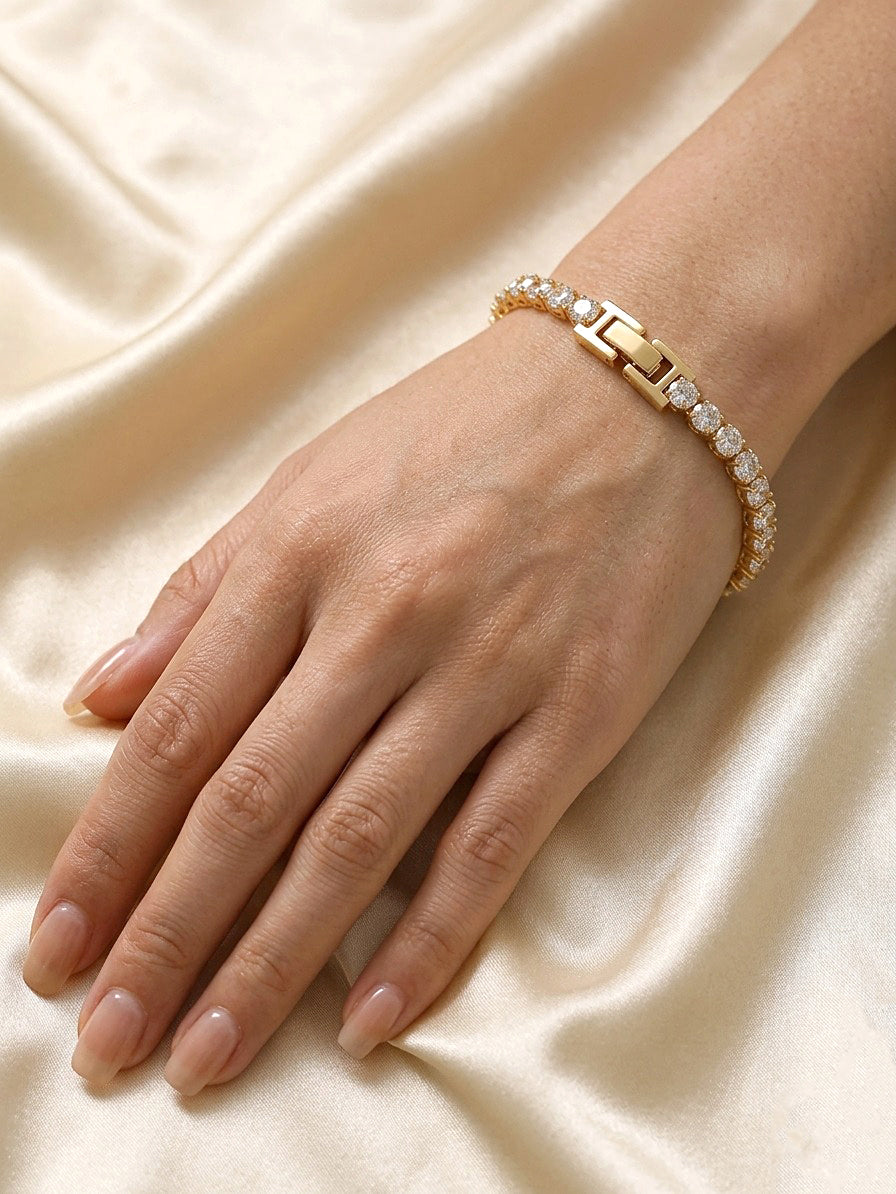 CZ Tennis Bracelet, Round Cut Cubic Zirconia 925 Sterling Silver Bracelet, Prong Set Gold Finish Tennis Jewelry, Gift for Her