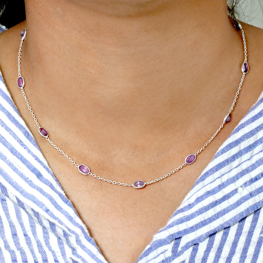 Natural Amethyst Station Necklace | Dainty Gemstone Silver Necklace | Handmade Jewelry.