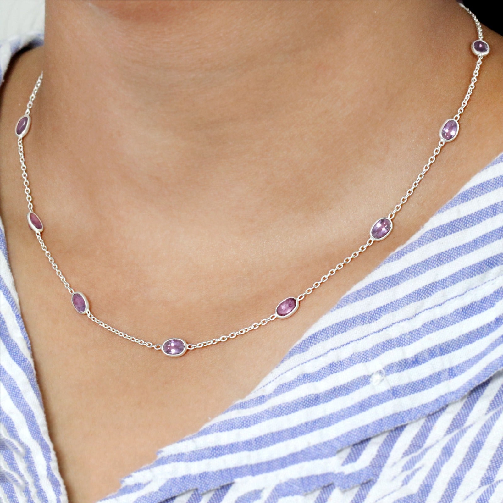 Natural Amethyst Station Necklace | Dainty Gemstone Silver Necklace | Handmade Jewelry.