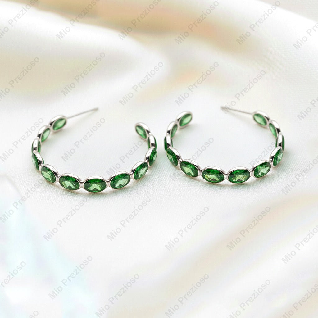 Natural Green Diopside Hoop Earrings | 925 Sterling Silver Elegant Earrings | Handmade Gemstone Hoops.