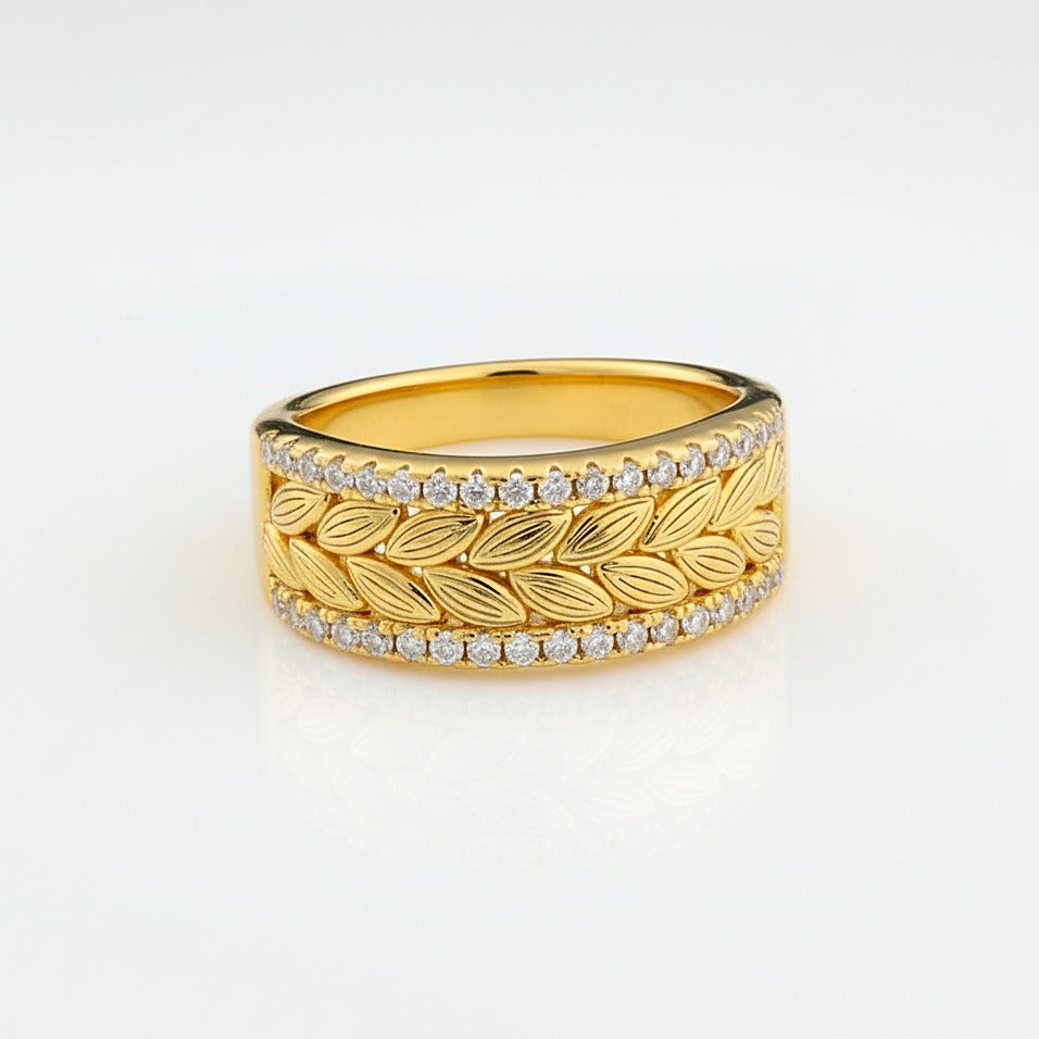 Handmade Cubic Zirconia Ring | Gold Plated Leaf Band | CZ Statement Ring.