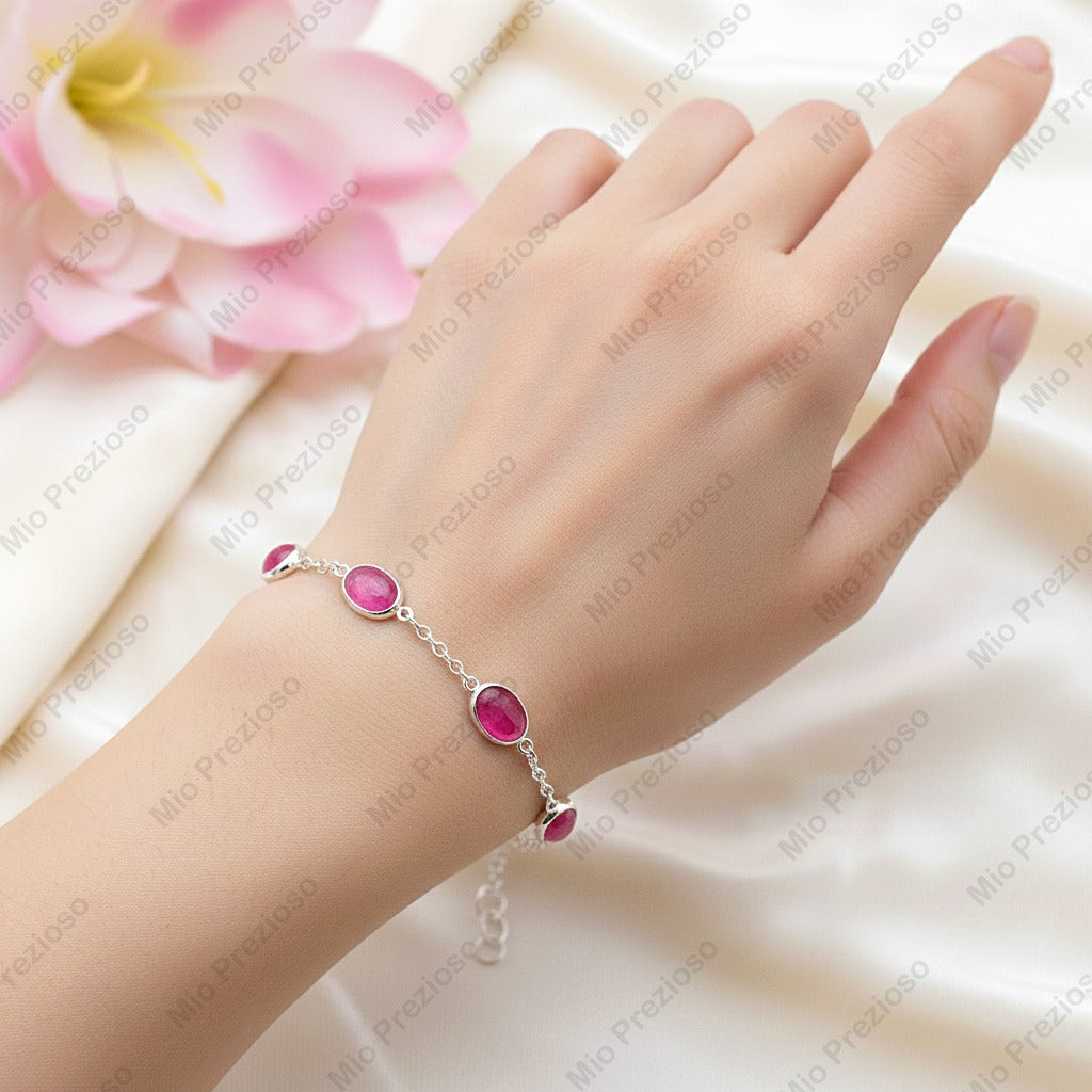 Natural Pink Tourmaline Silver Bracelet | Gemstone Chain Wrist Bracelet | Handmade Jewelry.