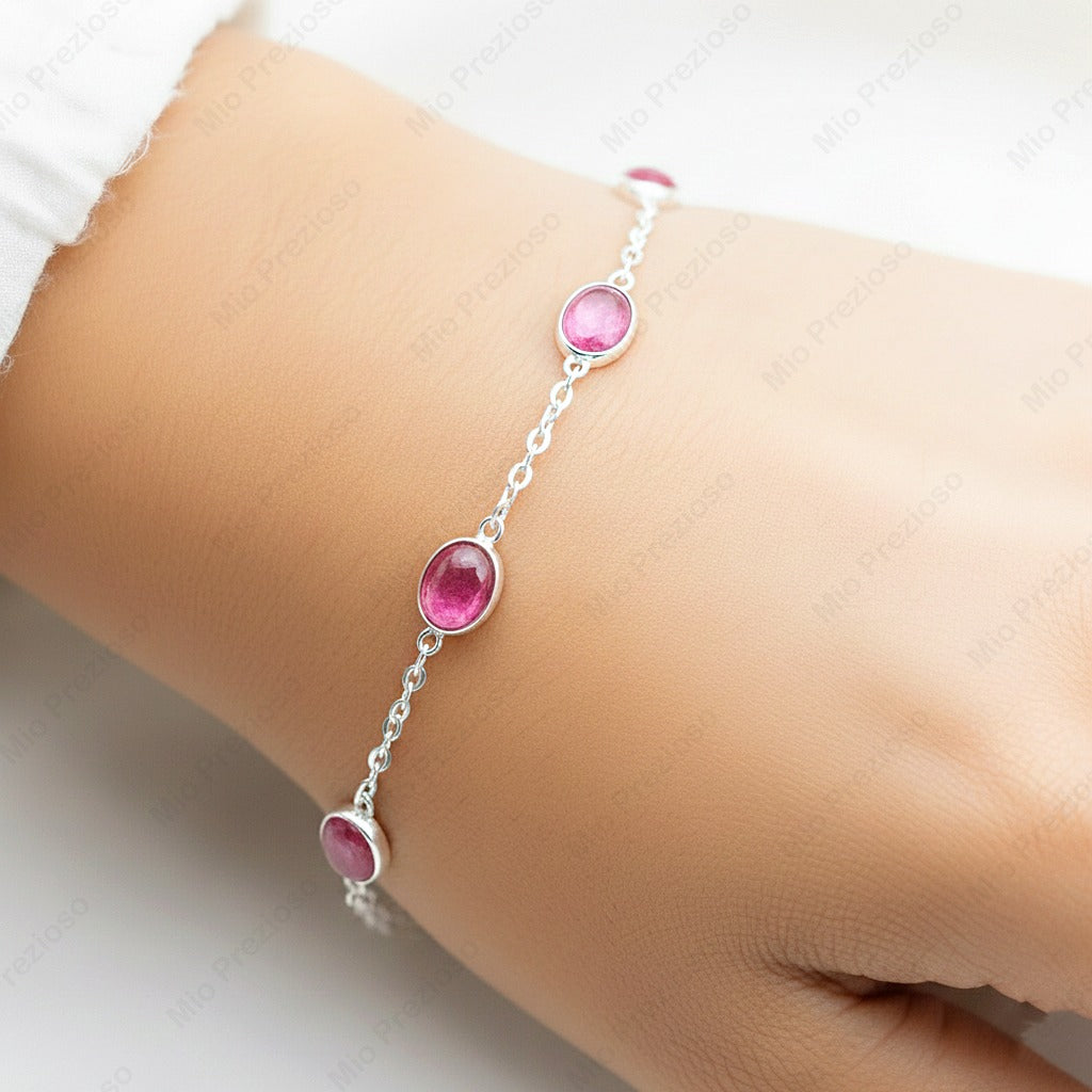 Natural Pink Tourmaline Silver Bracelet | Gemstone Chain Wrist Bracelet | Handmade Jewelry.