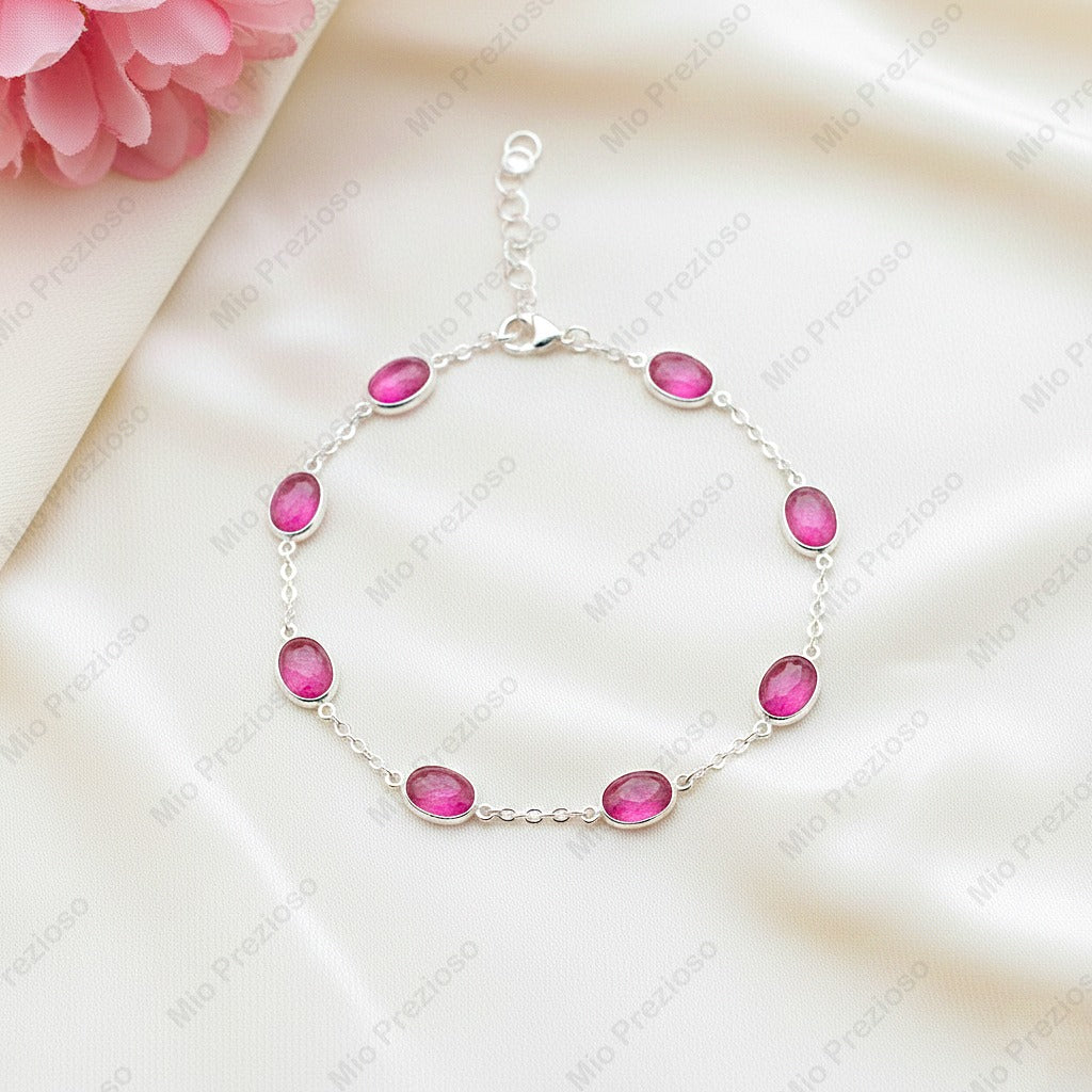Natural Pink Tourmaline Silver Bracelet | Gemstone Chain Wrist Bracelet | Handmade Jewelry.